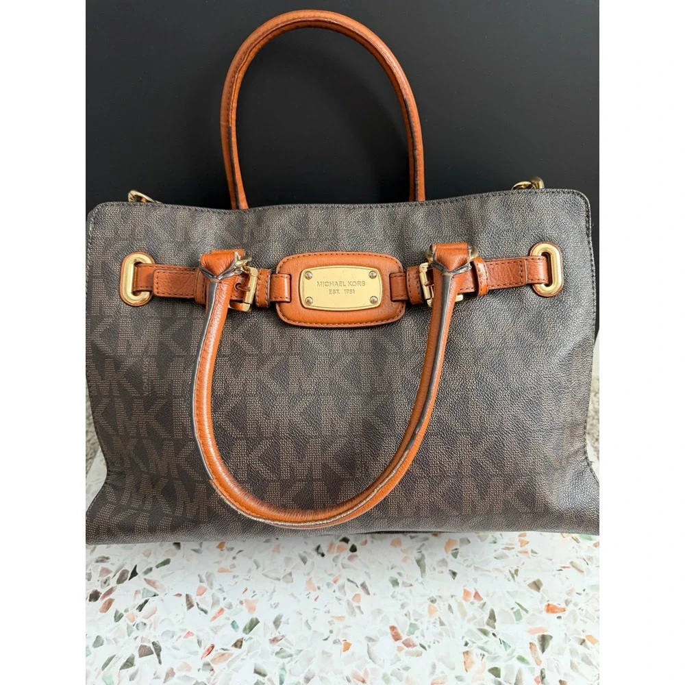 Michael Kors Hamilton Satchel Brown Logo PVC Leather Preppy Classic Tote Bag